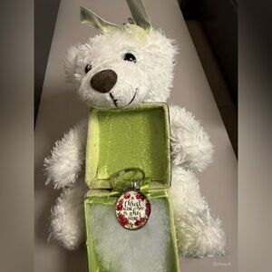 White Plush Bear Gift with Lime Green Jewelry Box and Inspirational Keychain